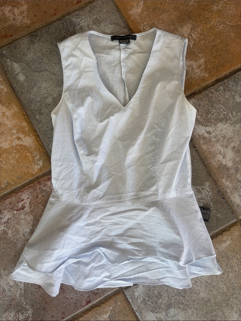 Suzy Shier Light Blue & White Pinstripe V-Neck Peplum Tank